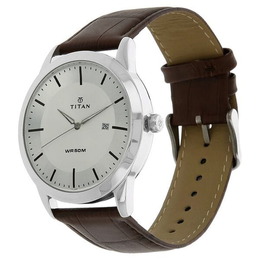 Titan 1584SL03 Men Silver Dial Leather Strap Quartz Date Watch