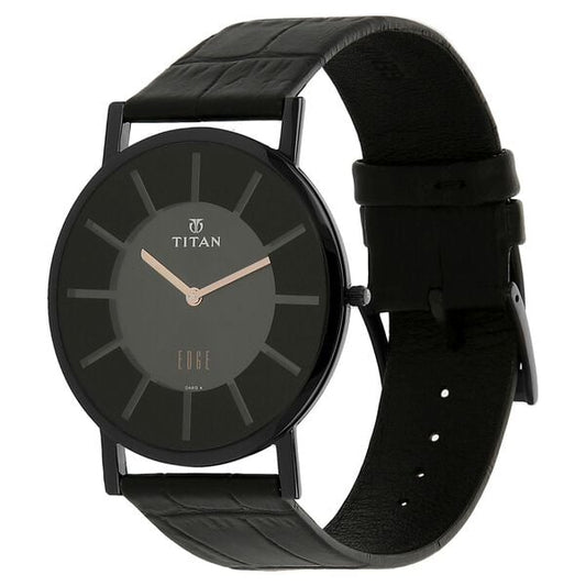 Titan 1595NL01 Men’s Black Dial Black Leather Strap Quartz Analog Watch – Round Stainless Steel Case, Sapphire Crystal, Buckle Closure, 30 m Water Resistant