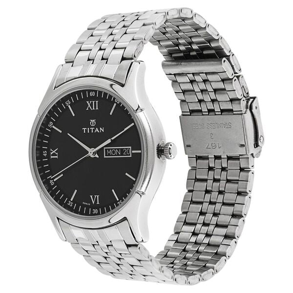 Titan NM1636SM01 Men’s Black-Dial Analog Watch with Stainless Steel Strap