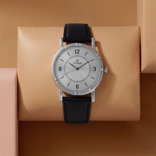 Titan NN1639SL03 Quartz Silver Dial Black Leather Strap Analog Watch for Men