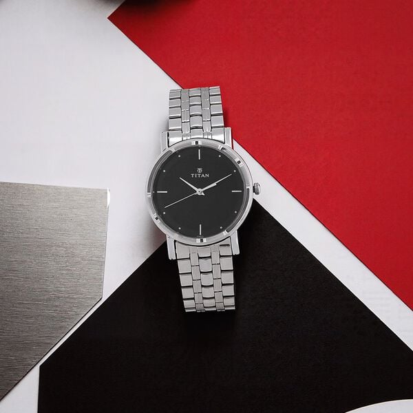 Titan 1639SM02 Black Dial Analog Watch for Men – Silver Stainless Steel Strap, Quartz Movement