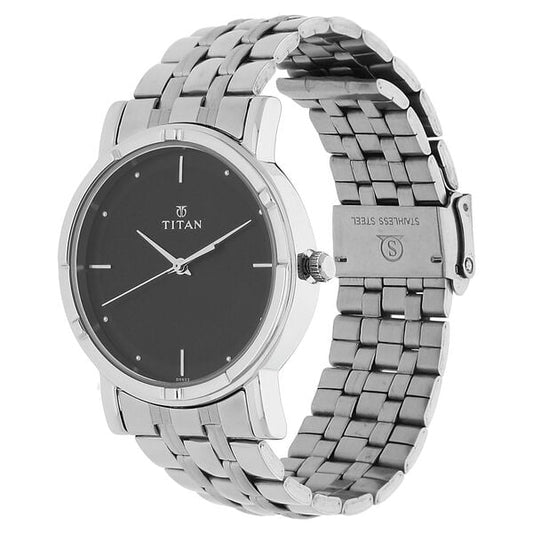 Titan 1639SM02 Black Dial Analog Watch for Men – Silver Stainless Steel Strap, Quartz Movement