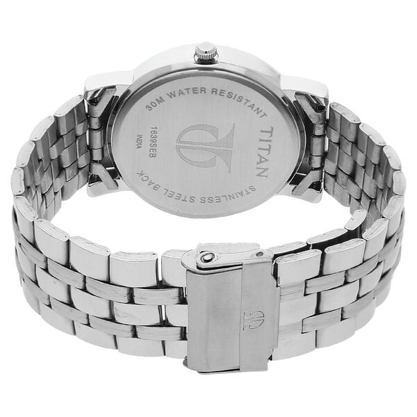 Titan 1639SM02 Black Dial Analog Watch for Men – Silver Stainless Steel Strap, Quartz Movement