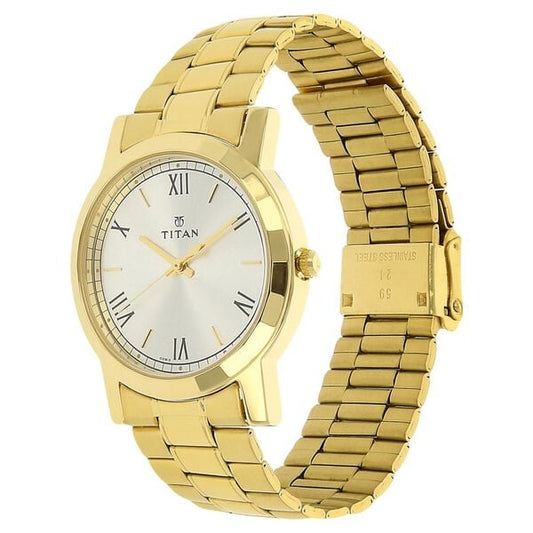 Titan 1644YM01 Silver Dial Analog Watch for Men – Golden Stainless Steel Strap, Quartz Movement