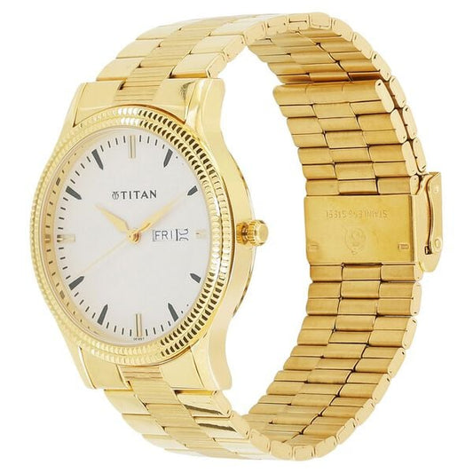Titan – 1650YM03 Karishma Gold Stainless Steel Analog Men’s Watch with Day-Date