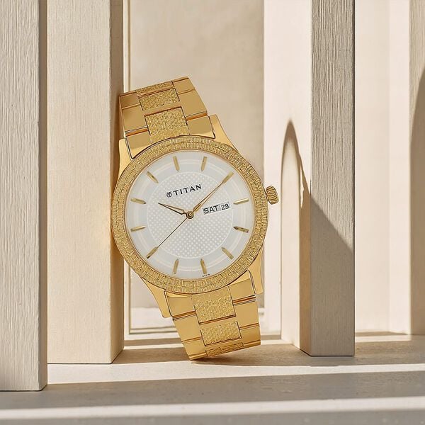 Titan 1650YM05 Men Silver Dial Golden Stainless Steel Strap Quartz Day-Date Watch