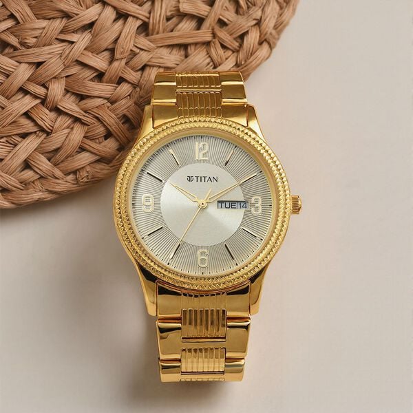 Titan 1650YM09 Men Champagne Dial Gold Stainless Steel Strap Quartz Day-Date Watch