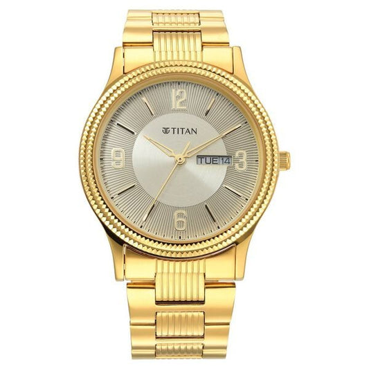 Titan 1650YM09 Men Champagne Dial Gold Stainless Steel Strap Quartz Day-Date Watch