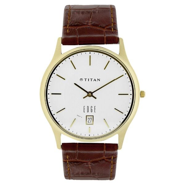 Titan 1683YL01 Edge White Dial Analog with Date Leather Strap Quartz Watch – Men