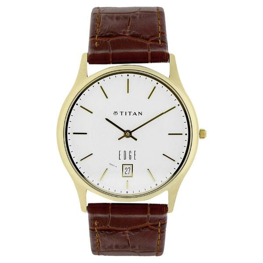 Titan 1683YL01 Edge White Dial Analog with Date Leather Strap Quartz Watch – Men