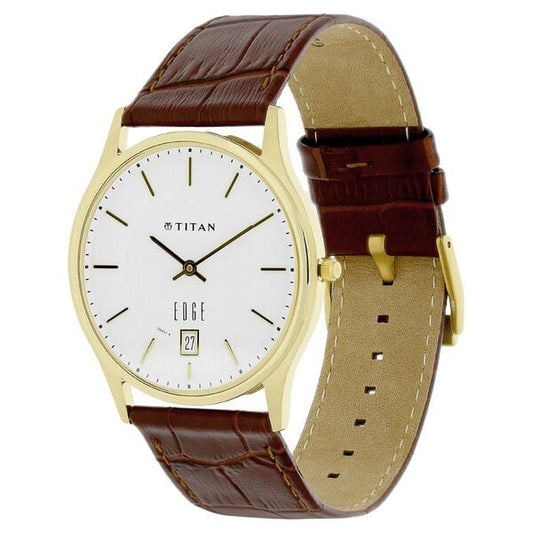 Titan 1683YL01 Edge White Dial Analog with Date Leather Strap Quartz Watch – Men