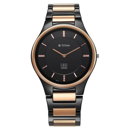 Titan 1696KC02 Men’s Quartz Analog Black Dial Watch with Two-Tone Ceramic Strap