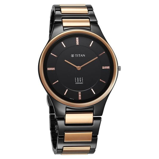 Titan 1696KC02 Men’s Quartz Analog Black Dial Watch with Two-Tone Ceramic Strap