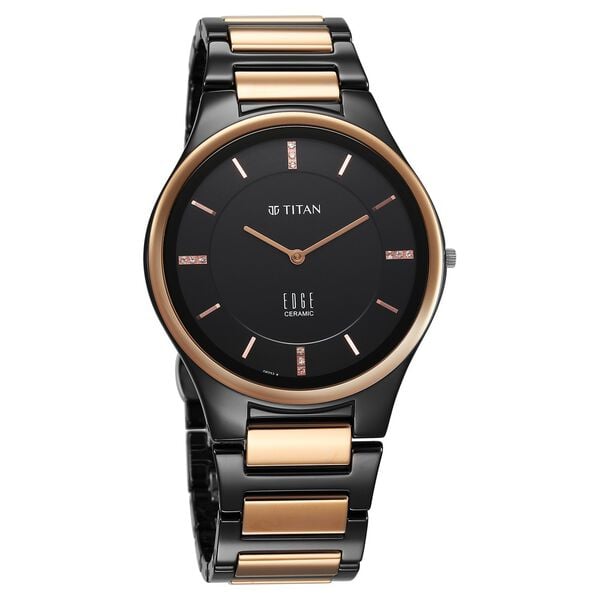 Titan 1696KC02 Men’s Quartz Analog Black Dial Watch with Two-Tone Ceramic Strap