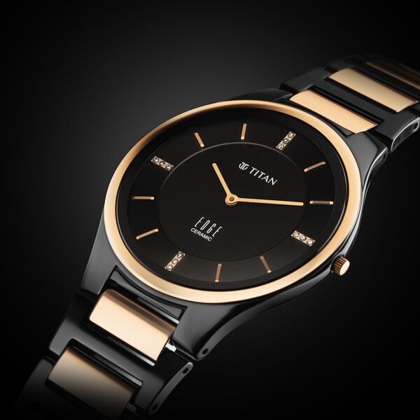 Titan 1696KC02 Men’s Quartz Analog Black Dial Watch with Two-Tone Ceramic Strap