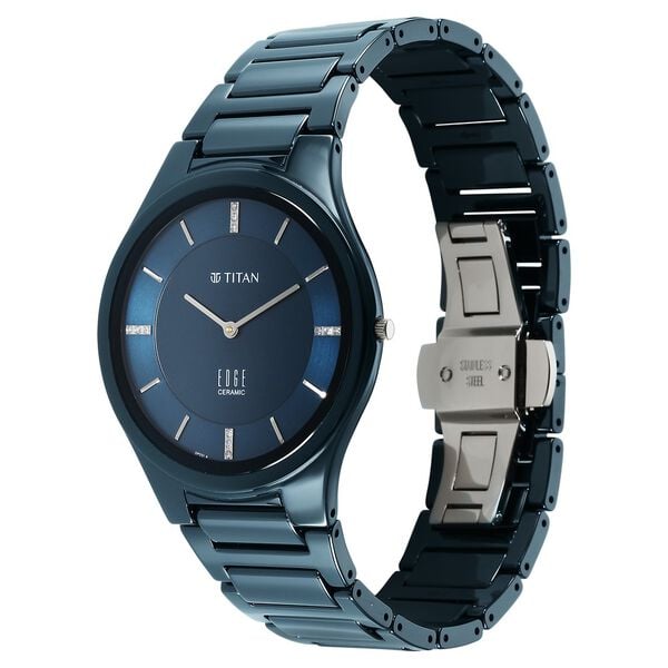 Titan 1696QC09 Men’s Blue Dial Blue Ceramic Strap Quartz Analog Watch – Round Ceramic Case with Diamond Accents, Sapphire Crystal, Butterfly Clasp