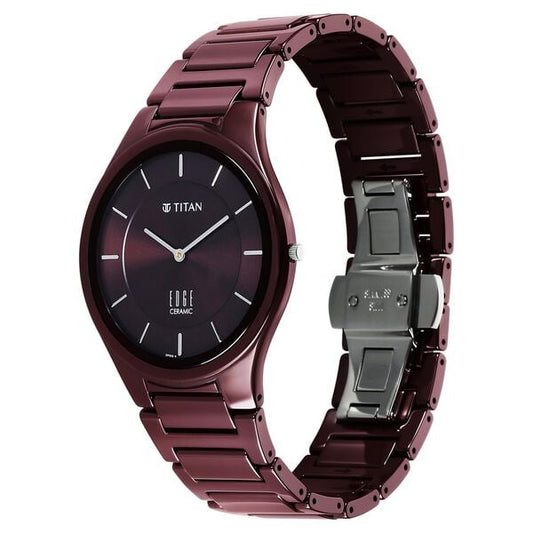 Titan 1696QC19 Men’s Analog Quartz Ceramic Watch — Maroon Dial & Maroon Ceramic Strap