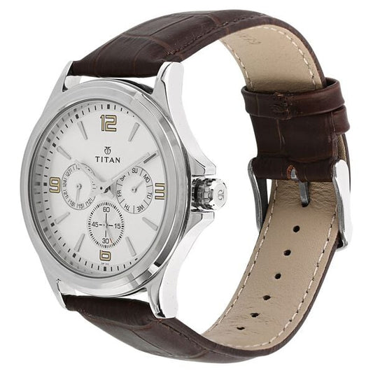 Titan 1698SL01 Silver Dial Analog Quartz Multifunction Leather Strap Men’s Watch – Brown Band, Round Case, Day-Date & 24-Hr Subdials