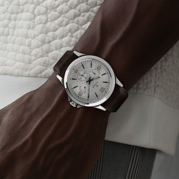 Titan 1698SL01 Men’s Quartz Multifunction Watch with Silver Dial & Brown Genuine Leather Strap