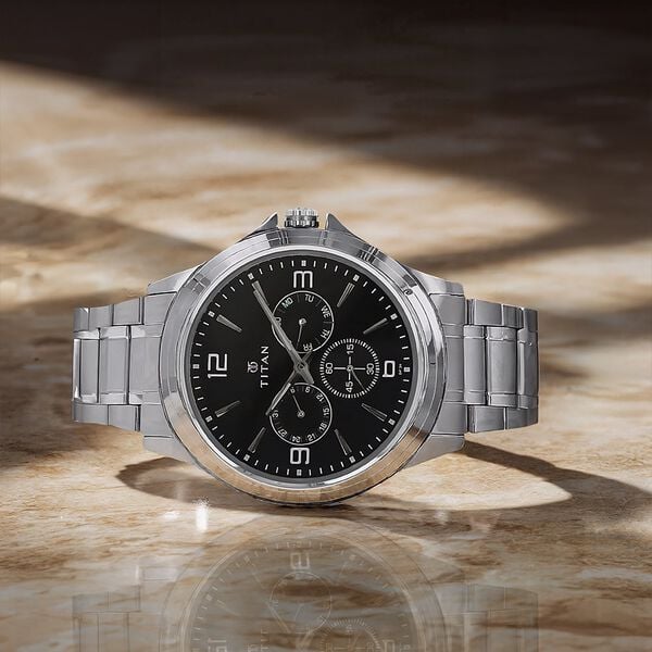 Titan 1698SM01 Men’s Quartz Multifunction Watch with Black Dial & Silver Stainless-Steel Strap
