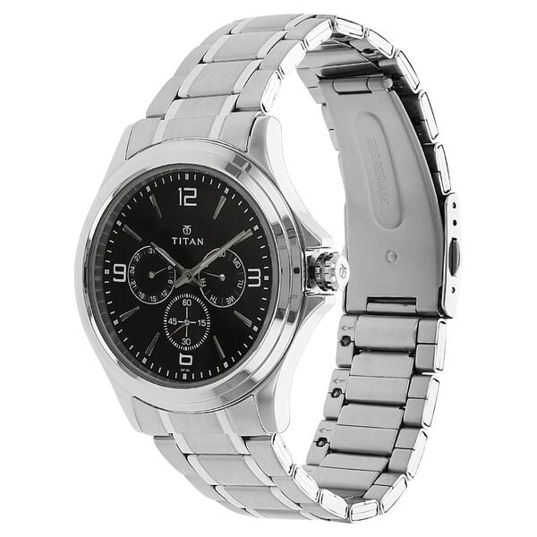 Titan 1698SM01 Men’s Quartz Multifunction Watch with Black Dial & Silver Stainless-Steel Strap
