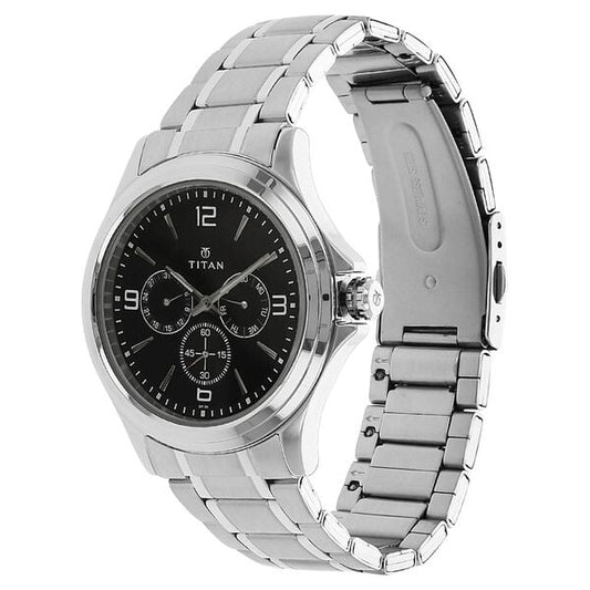Titan 1698SM01 Men’s Quartz Multifunction Watch with Black Dial & Silver Stainless-Steel Strap