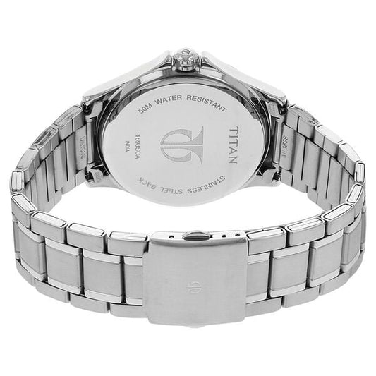 Titan 1698SM01 Black Dial Analog Quartz Multifunction Stainless Steel Men’s Watch – Silver Band, Round Case, Push-Button Clasp