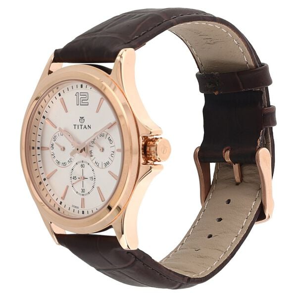 Titan 1698WL01 Men’s Quartz Multifunction Analog Watch with White Dial & Brown Leather Strap