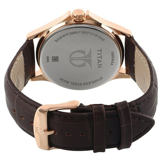Titan 1698WL01 Men’s White Dial Brown Leather Strap Quartz Multifunction Analog Watch – Mineral Glass, Metal Case, Round