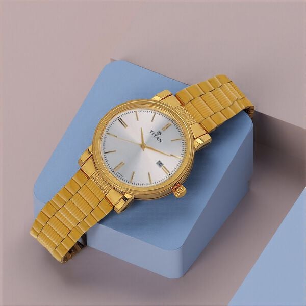 Titan 1712YM02 Men Silver Dial Gold Stainless Steel Strap Quartz Date Watch