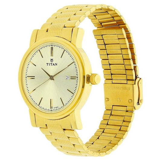 Titan 1712YM03 Men Champagne Dial Gold Stainless Steel Quartz Date Watch