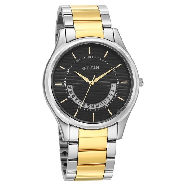 Titan 1713BM02 Men’s Black Dial Two-Tone Stainless Steel Strap Quartz Analog Watch – Date Display, Round Case, Mineral Glass