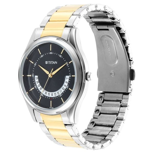 Titan 1713BM02 Men’s Black Dial Two-Tone Stainless Steel Strap Quartz Analog Watch – Date Display, Round Case, Mineral Glass