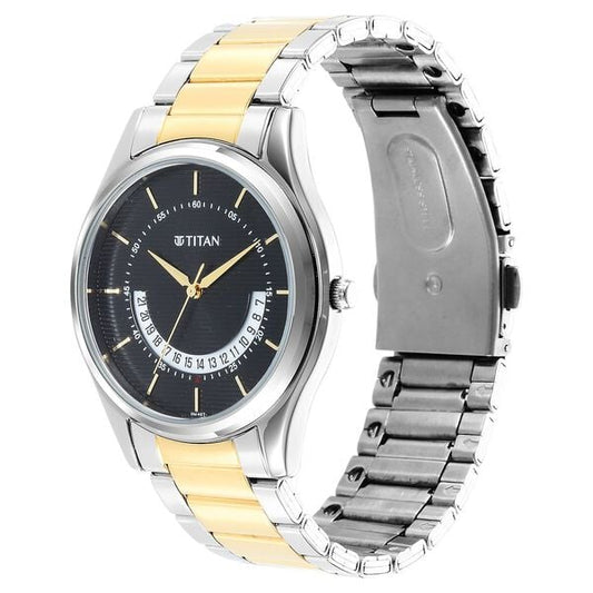 Titan 1713BM02 Men’s Black Dial Two-Tone Stainless Steel Strap Quartz Analog Watch – Date Display, Round Case, Mineral Glass