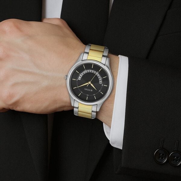 Titan 1713BM02 Men’s Black Dial Two-Tone Stainless Steel Strap Quartz Analog Watch – Date Display, Round Case, Mineral Glass