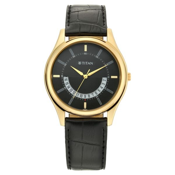 Titan 1713YL01 Black & Gold Dial Analog Watch for Men – Black Leather Strap, Quartz Movement, Mineral Glass, Round Case