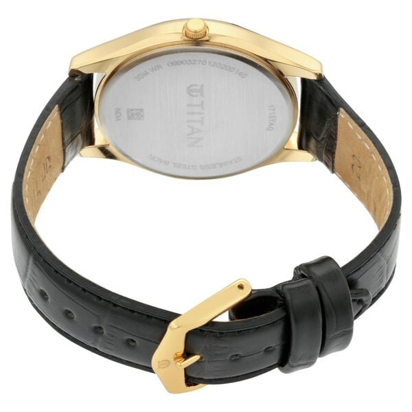 Titan 1713YL01 Black & Gold Dial Analog Watch for Men – Black Leather Strap, Quartz Movement, Mineral Glass, Round Case