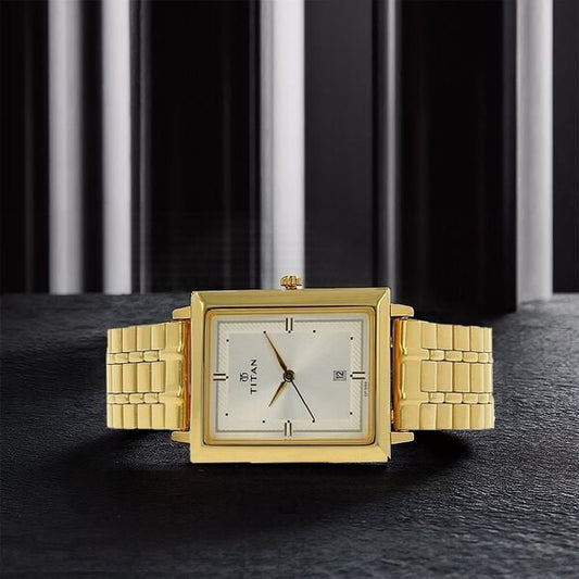 Titan 1715YM01 Men’s Quartz Analog Watch with Silver Dial & Gold Stainless Steel Strap