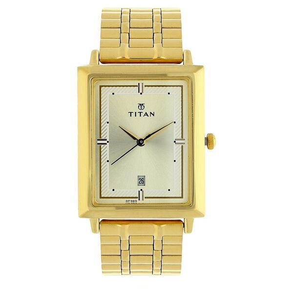 Titan 1715YM02 Quartz Analog Watch for Men – Champagne Dial, Golden Stainless Steel Strap, Date Display, Mineral Glass, Rectangular Metal Case