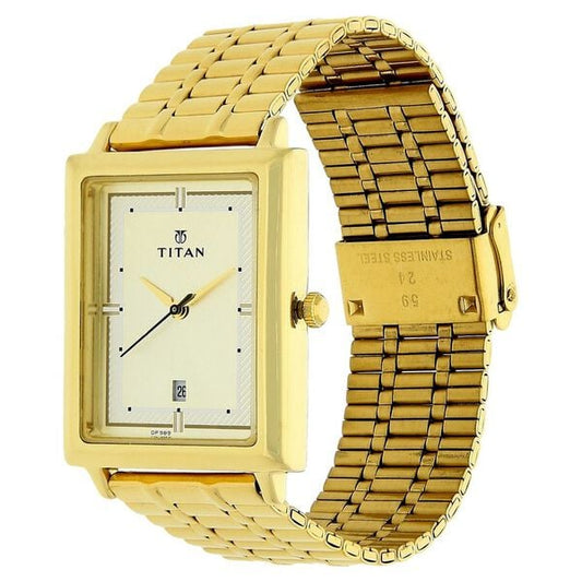 Titan 1715YM02 Quartz Analog Watch for Men – Champagne Dial, Golden Stainless Steel Strap, Date Display, Mineral Glass, Rectangular Metal Case