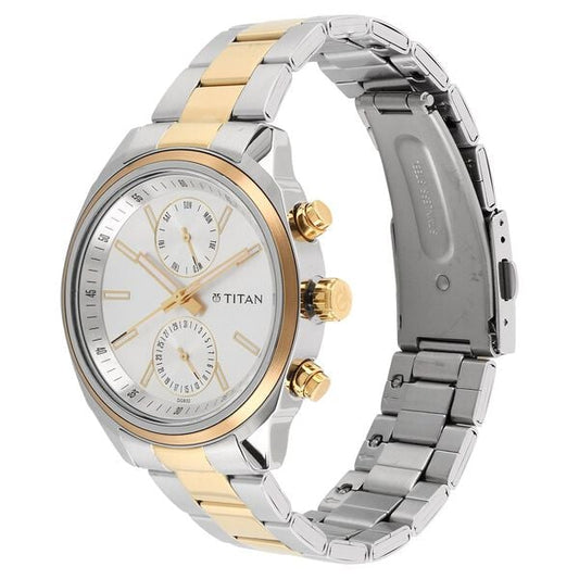 Titan 1733BM01 Silver Dial Multifunction Analog Watch for Men – Two-Tone Stainless Steel Bracelet, Quartz Movement