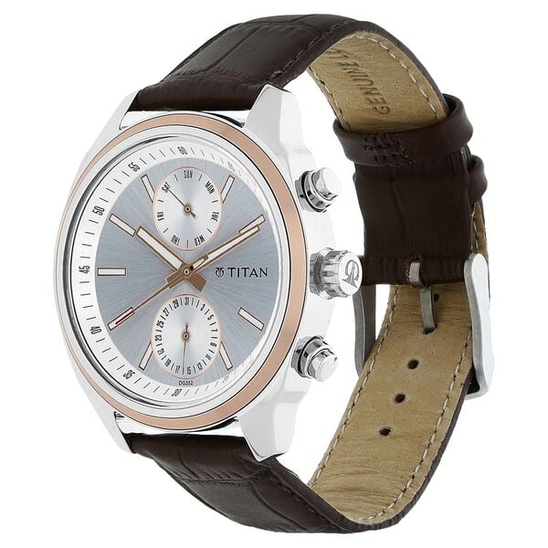 Titan 1733KL02 Quartz Multifunction Silver Dial Brown Leather Strap Men Watch