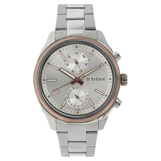 Titan 1733KM02 Silver Dial Stainless Steel Men’s Watch | Quartz Multifunction | Elegant Analog Wrist Watch