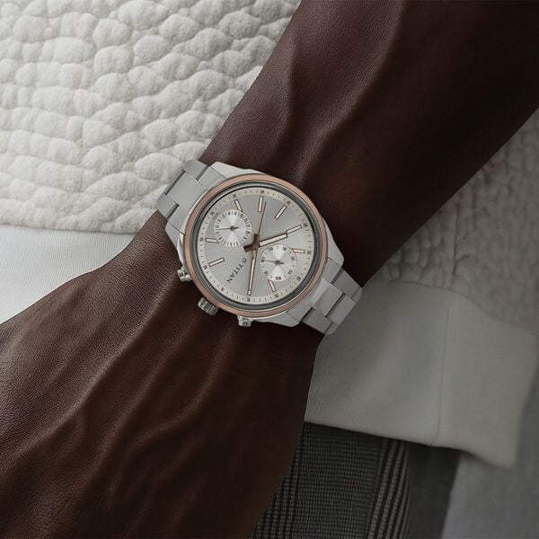 Titan 1733KM02 Silver Dial Stainless Steel Men’s Watch | Quartz Multifunction | Elegant Analog Wrist Watch