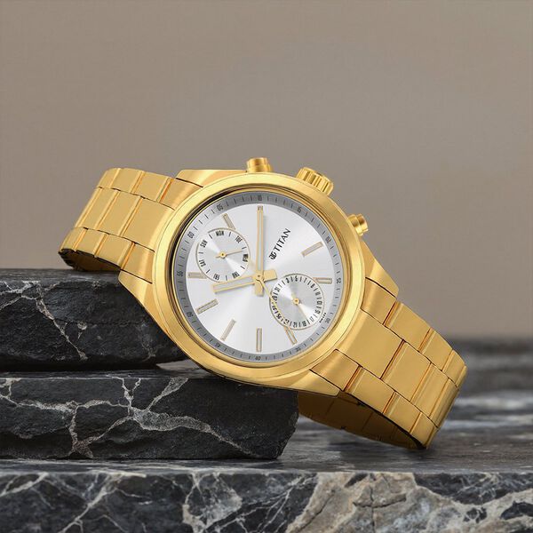 Titan 1733YM01 Men Silver Dial Gold Stainless Steel Multifunction Quartz Watch