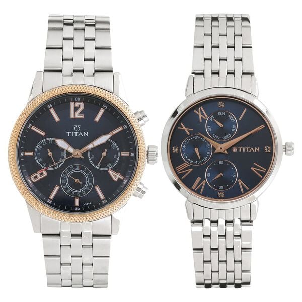 Titan 17342569KM01P Couple Multifunction Stainless Steel Blue-Dial Watch Set