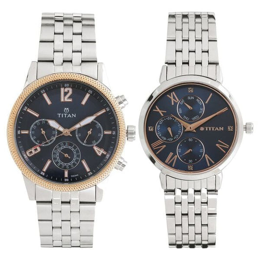 Titan 17342569KM01P Couple Multifunction Stainless Steel Blue-Dial Watch Set