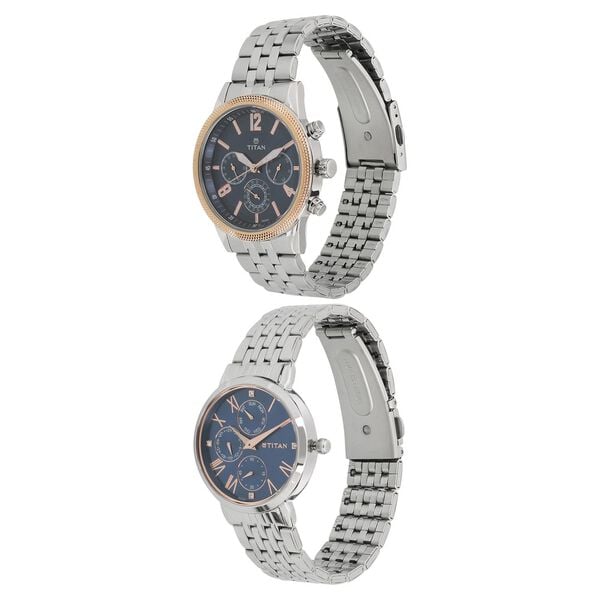 Titan 17342569KM01P Couple Multifunction Stainless Steel Blue-Dial Watch Set