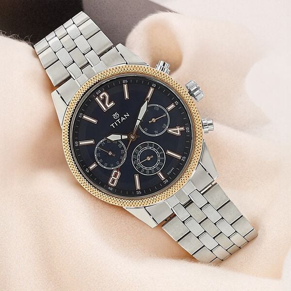 Titan 1734KM01 Men’s Blue-Dial Multifunction Stainless Steel Watch
