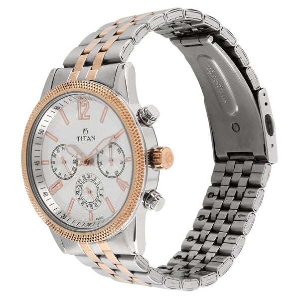 Titan 1734KM02 Men’s White Dial Two-Tone Stainless Steel Strap Quartz Multifunction Analog Watch – Round Metal Case, Mineral Glass